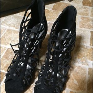 Lace up black suede bootie with zipper